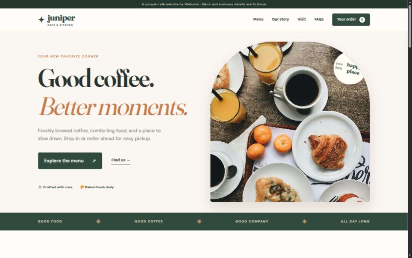 Juniper Café concept website homepage preview